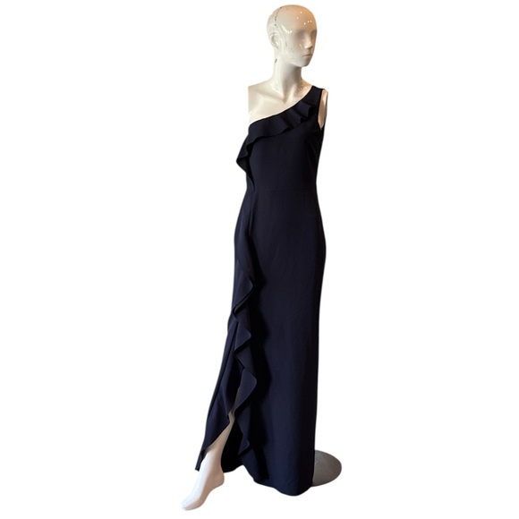 Xscape Elegant One Shoulder Ruffled Navy Scuba Maxi Dress Size 6 - Picture 1 of 11